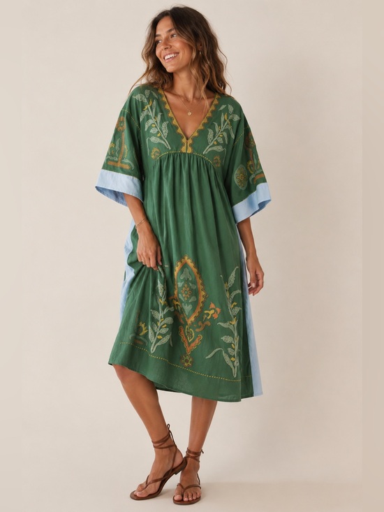 Dresses & Skirts - #299 Boho Embroidered V-Neck Midi Dress